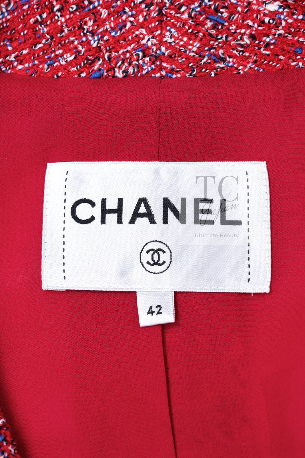 CHANEL 19PS Red Pearl Logo Buttons Cotton Tweed Jacket 40 42 シャネル レッド パール ロゴ ボタン コットン ツイード ジャケット 即発