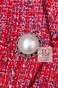 CHANEL 19PS Red Pearl Logo Buttons Cotton Tweed Jacket 40 42 シャネル レッド パール ロゴ ボタン コットン ツイード ジャケット 即発