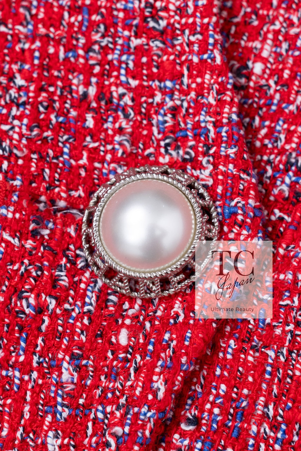 CHANEL 19PS Red Pearl Logo Buttons Cotton Tweed Jacket 40 42 シャネル レッド パール ロゴ ボタン コットン ツイード ジャケット 即発