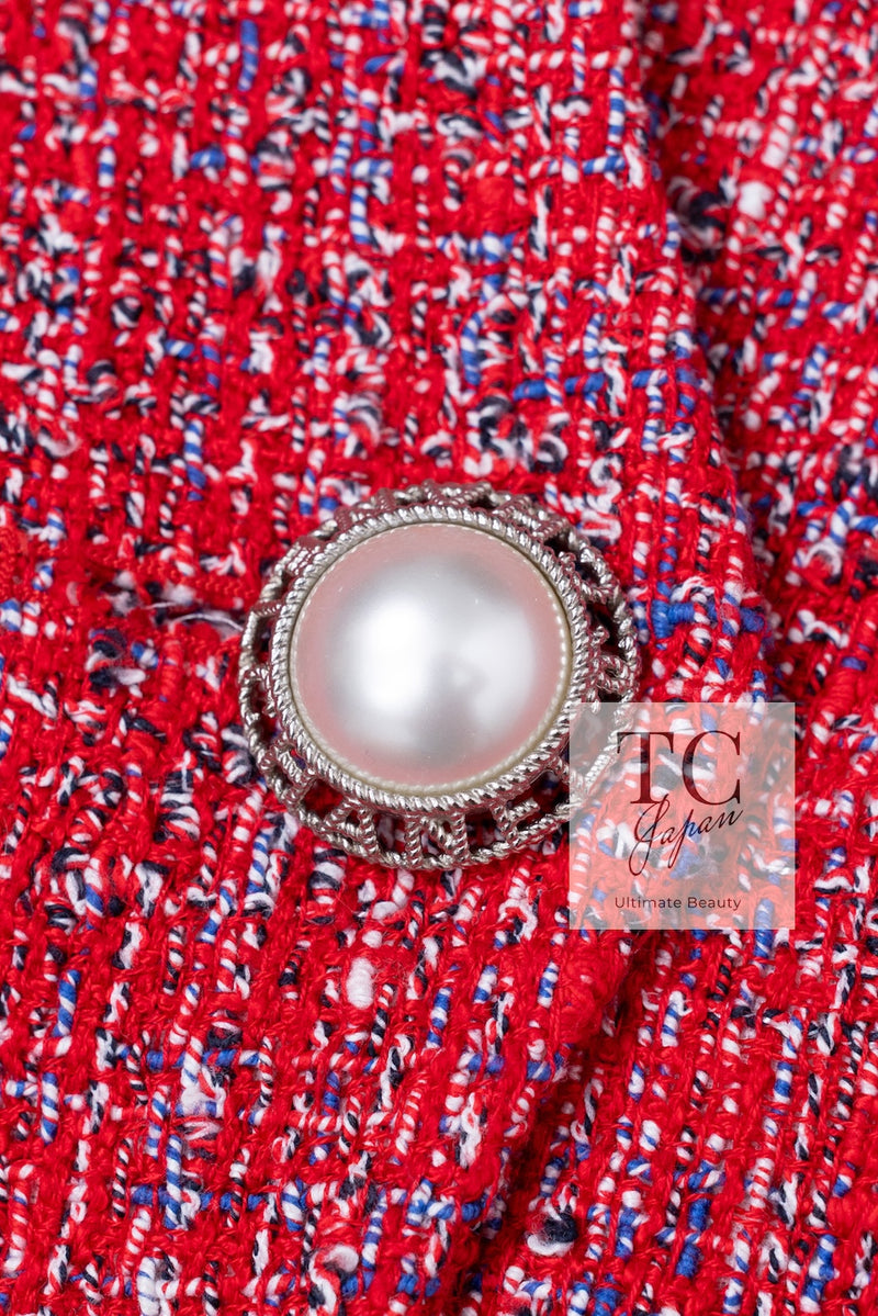 CHANEL 19PS Red Pearl Logo Buttons Cotton Tweed Jacket 40 42 シャネル レッド パール ロゴ ボタン コットン ツイード ジャケット 即発