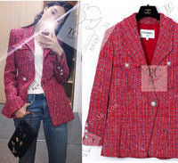 CHANEL 19PS Red Pearl Logo Buttons Cotton Tweed Jacket 40 42 シャネル レッド パール ロゴ ボタン コットン ツイード ジャケット 即発