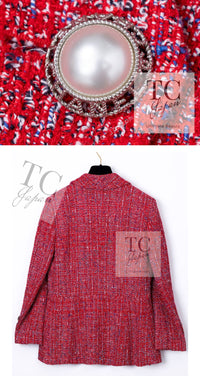 CHANEL 19PS Red Pearl Logo Buttons Cotton Tweed Jacket 40 42 シャネル レッド パール ロゴ ボタン コットン ツイード ジャケット 即発