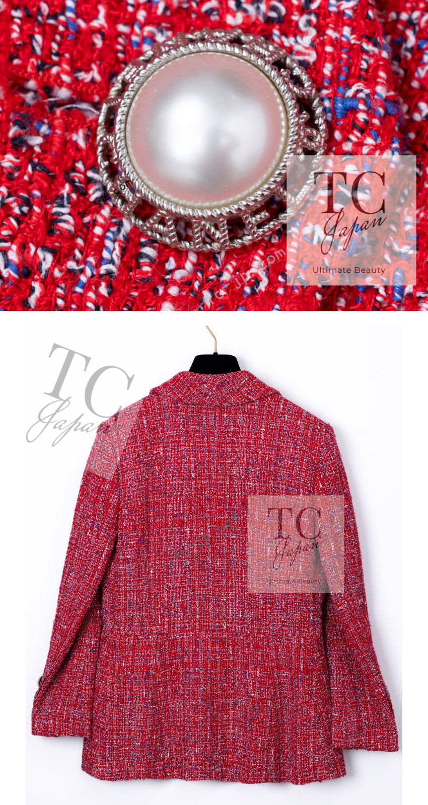 CHANEL 19PS Red Pearl Logo Buttons Cotton Tweed Jacket 40 42 シャネル レッド パール ロゴ ボタン コットン ツイード ジャケット 即発