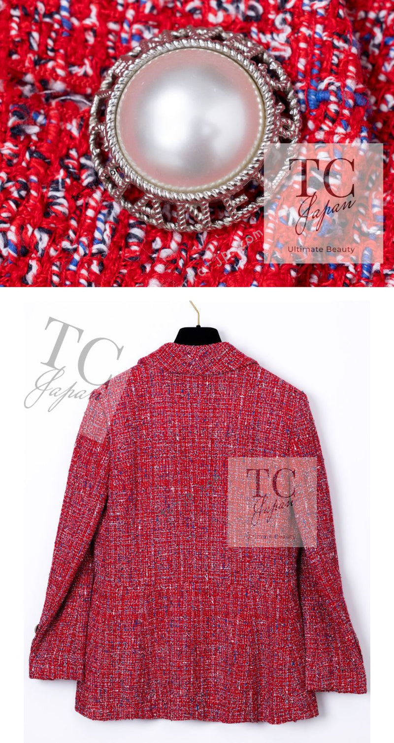 CHANEL 19PS Red Pearl Logo Buttons Cotton Tweed Jacket 40 42 シャネル レッド パール ロゴ ボタン コットン ツイード ジャケット 即発