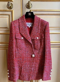 CHANEL 19PS Red Pearl Logo Buttons Cotton Tweed Jacket 40 42 シャネル レッド パール ロゴ ボタン コットン ツイード ジャケット 即発