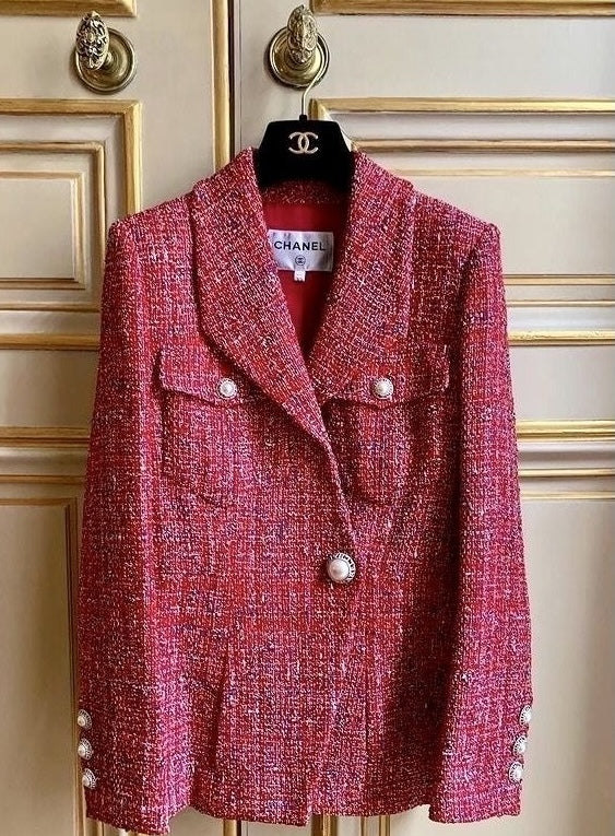 CHANEL 19PS Red Pearl Logo Buttons Cotton Tweed Jacket 40 42 シャネル レッド パール ロゴ ボタン コットン ツイード ジャケット 即発
