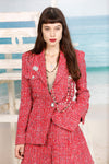 CHANEL 19PS Red Pearl Logo Buttons Cotton Tweed Jacket 40 42 シャネル レッド パール ロゴ ボタン コットン ツイード ジャケット 即発