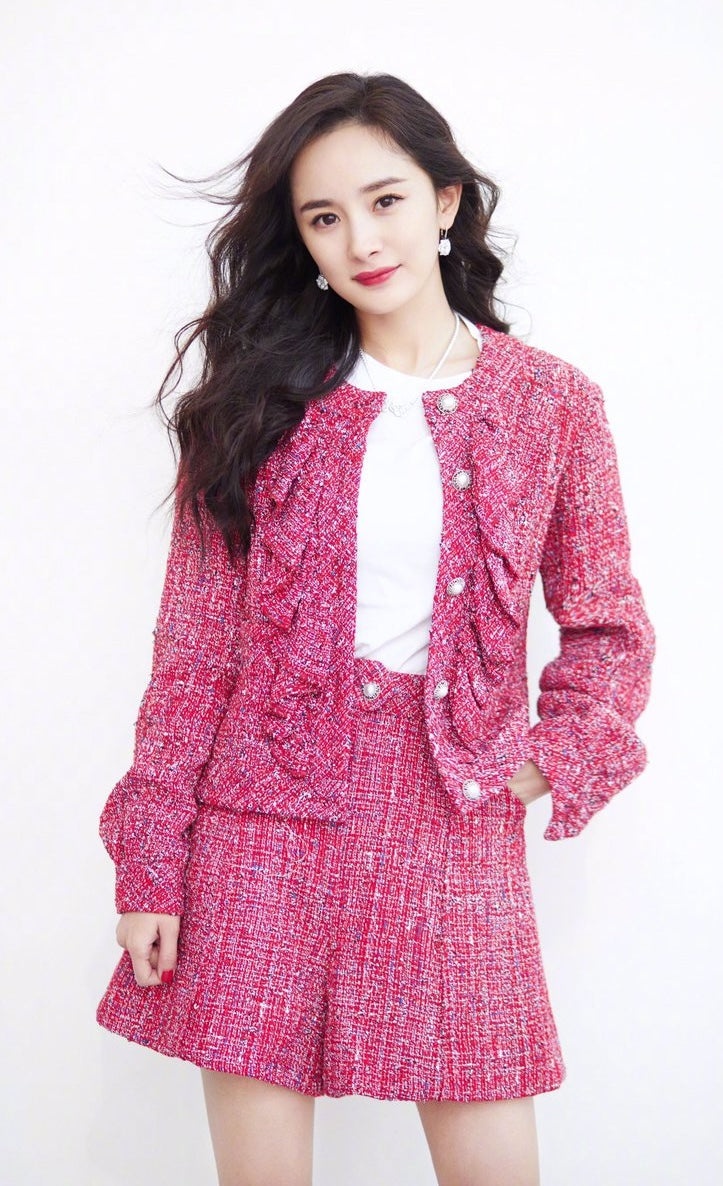 CHANEL 19PS Red Pearl Logo Buttons Cotton Tweed Jacket 40 42 シャネル レッド パール ロゴ ボタン コットン ツイード ジャケット 即発
