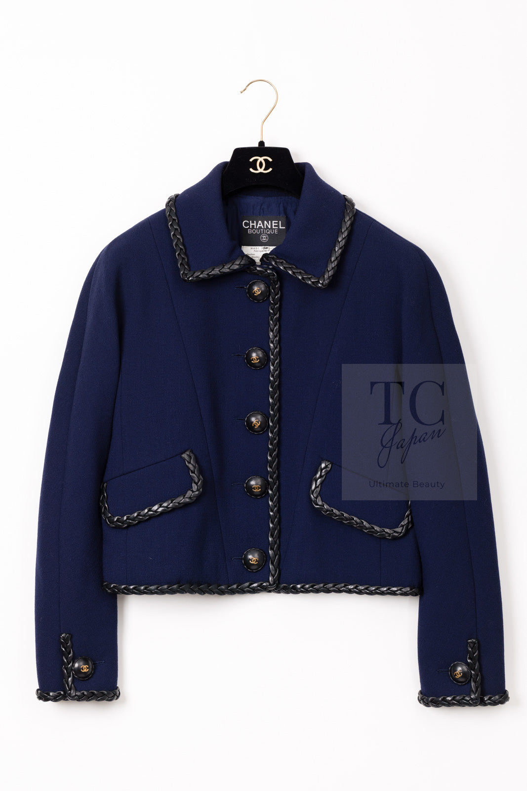 CHANEL 92A Vintage LIMITED Navy Leather Braid Trim Jacket CC Button 38 40 シャネル 限定品 ヴィンテージ ネイビー ブレード レザー トリム ジャケット CC ボタン 即発