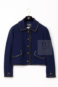 CHANEL 92A Vintage LIMITED Navy Leather Braid Trim Jacket CC Button 38 40 シャネル 限定品 ヴィンテージ ネイビー ブレード レザー トリム ジャケット CC ボタン 即発