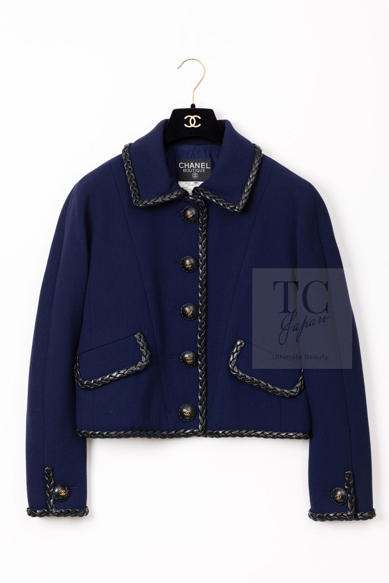 CHANEL 92A Vintage LIMITED Navy Leather Braid Trim Jacket CC Button 38 40 シャネル 限定品 ヴィンテージ ネイビー ブレード レザー トリム ジャケット CC ボタン 即発