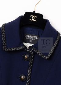 CHANEL 92A Vintage LIMITED Navy Leather Braid Trim Jacket CC Button 38 40 シャネル 限定品 ヴィンテージ ネイビー ブレード レザー トリム ジャケット CC ボタン 即発