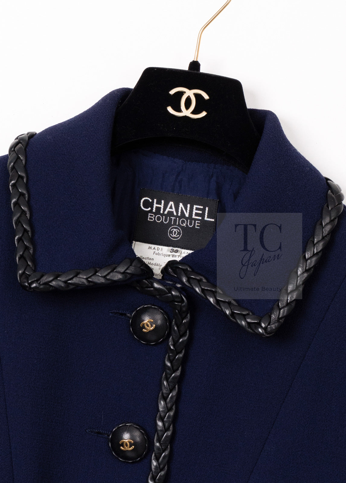 CHANEL 92A Vintage LIMITED Navy Leather Braid Trim Jacket CC Button 38 40 シャネル 限定品 ヴィンテージ ネイビー ブレード レザー トリム ジャケット CC ボタン 即発