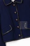 CHANEL 92A Vintage LIMITED Navy Leather Braid Trim Jacket CC Button 38 40 シャネル 限定品 ヴィンテージ ネイビー ブレード レザー トリム ジャケット CC ボタン 即発