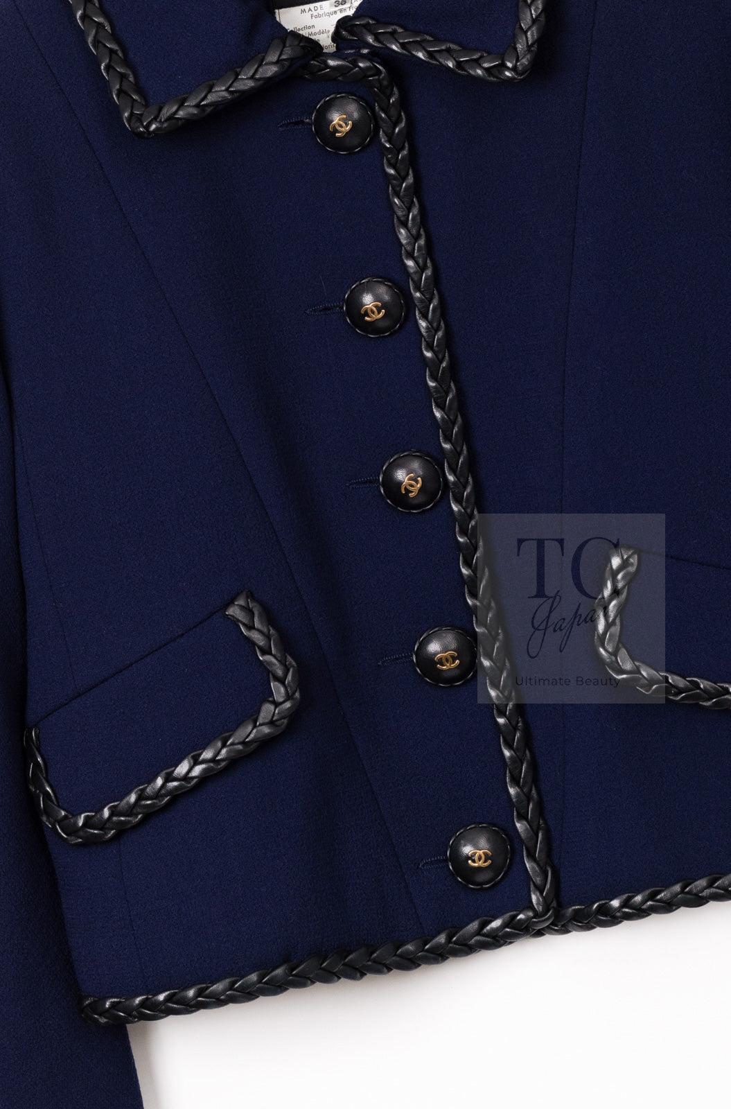CHANEL 92A Vintage LIMITED Navy Leather Braid Trim Jacket CC Button 38 40 シャネル 限定品 ヴィンテージ ネイビー ブレード レザー トリム ジャケット CC ボタン 即発