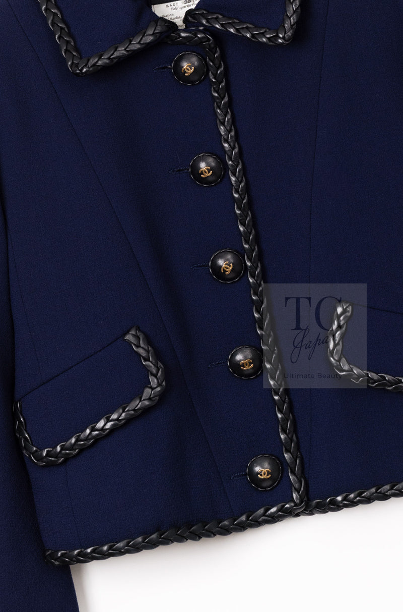CHANEL 92A Vintage LIMITED Navy Leather Braid Trim Jacket CC Button 38 40 シャネル 限定品 ヴィンテージ ネイビー ブレード レザー トリム ジャケット CC ボタン 即発