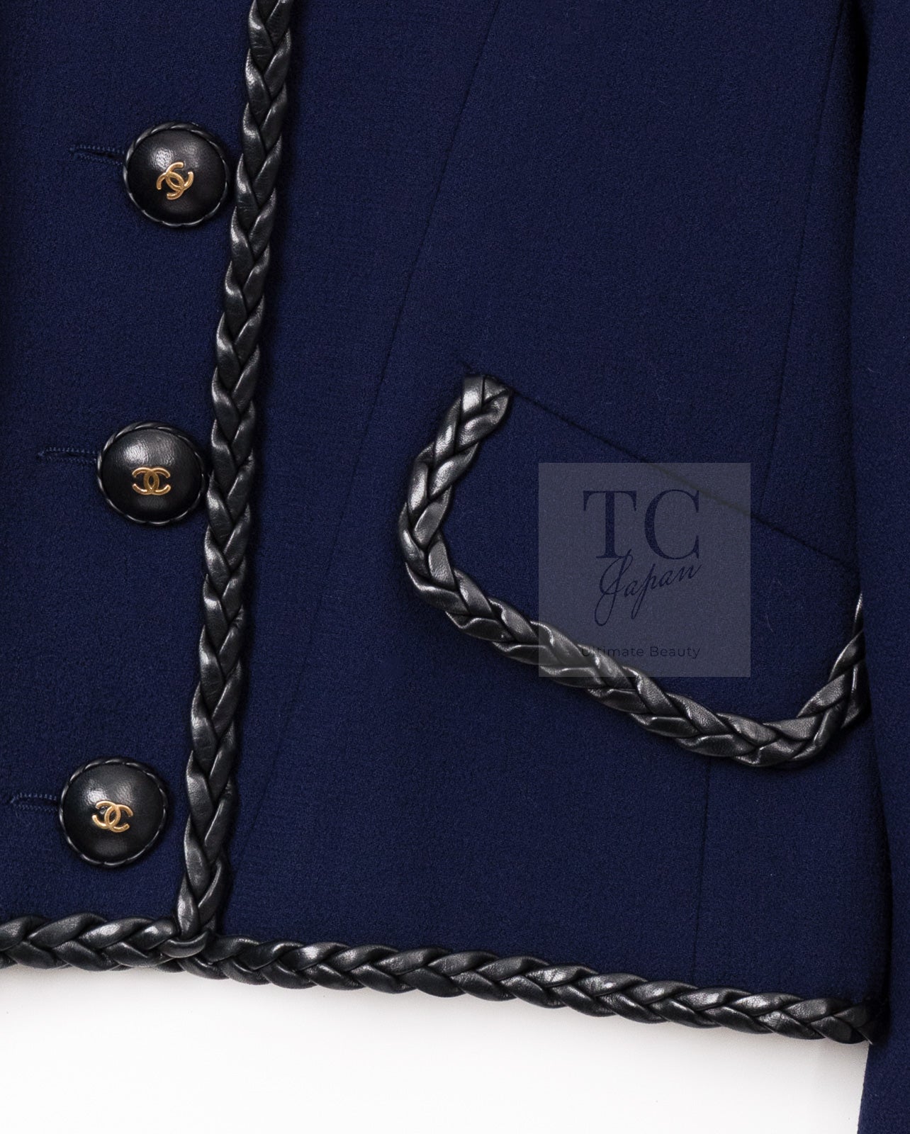 CHANEL 92A Vintage LIMITED Navy Leather Braid Trim Jacket CC Button 38 40 シャネル 限定品 ヴィンテージ ネイビー ブレード レザー トリム ジャケット CC ボタン 即発