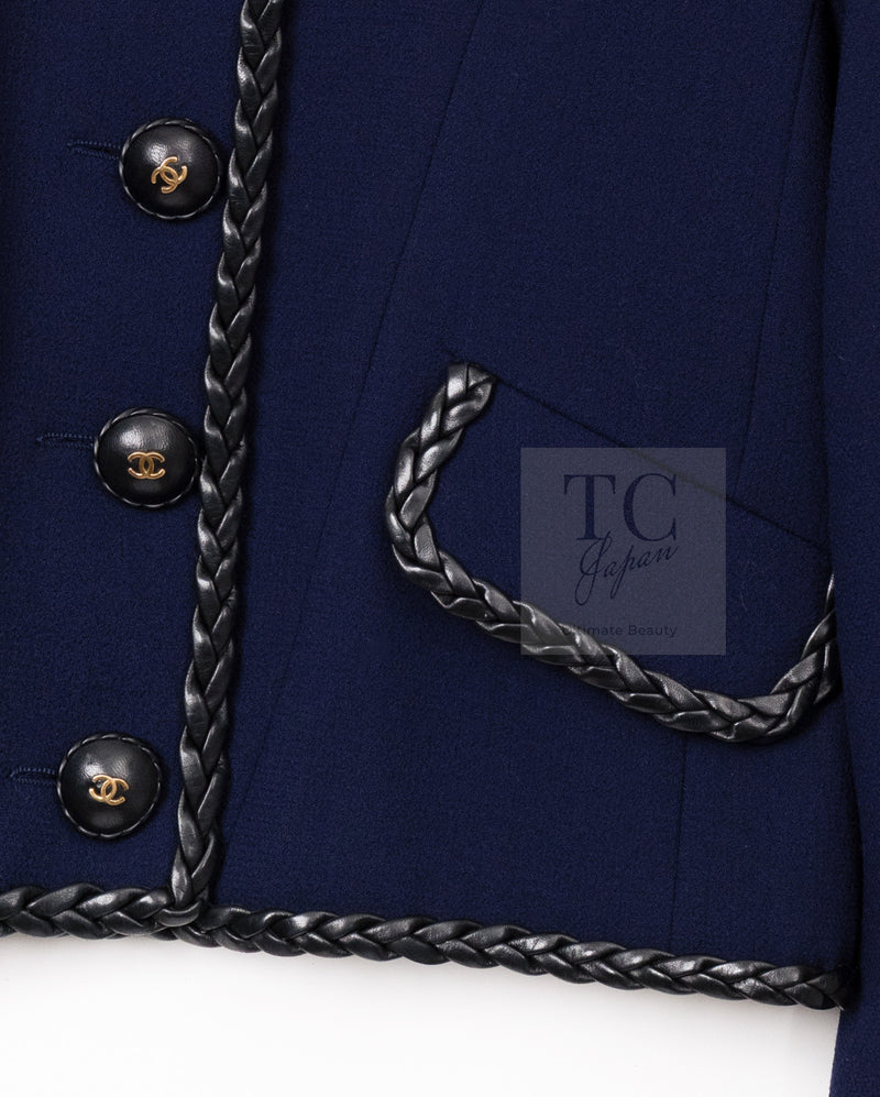 CHANEL 92A Vintage LIMITED Navy Leather Braid Trim Jacket CC Button 38 40 シャネル 限定品 ヴィンテージ ネイビー ブレード レザー トリム ジャケット CC ボタン 即発
