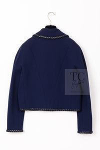 CHANEL 92A Vintage LIMITED Navy Leather Braid Trim Jacket CC Button 38 40 シャネル 限定品 ヴィンテージ ネイビー ブレード レザー トリム ジャケット CC ボタン 即発