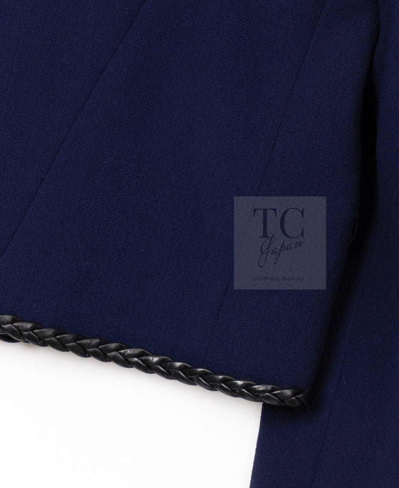 CHANEL 92A Vintage LIMITED Navy Leather Braid Trim Jacket CC Button 38 40 シャネル 限定品 ヴィンテージ ネイビー ブレード レザー トリム ジャケット CC ボタン 即発