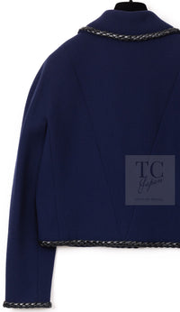 CHANEL 92A Vintage LIMITED Navy Leather Braid Trim Jacket CC Button 38 40 シャネル 限定品 ヴィンテージ ネイビー ブレード レザー トリム ジャケット CC ボタン 即発