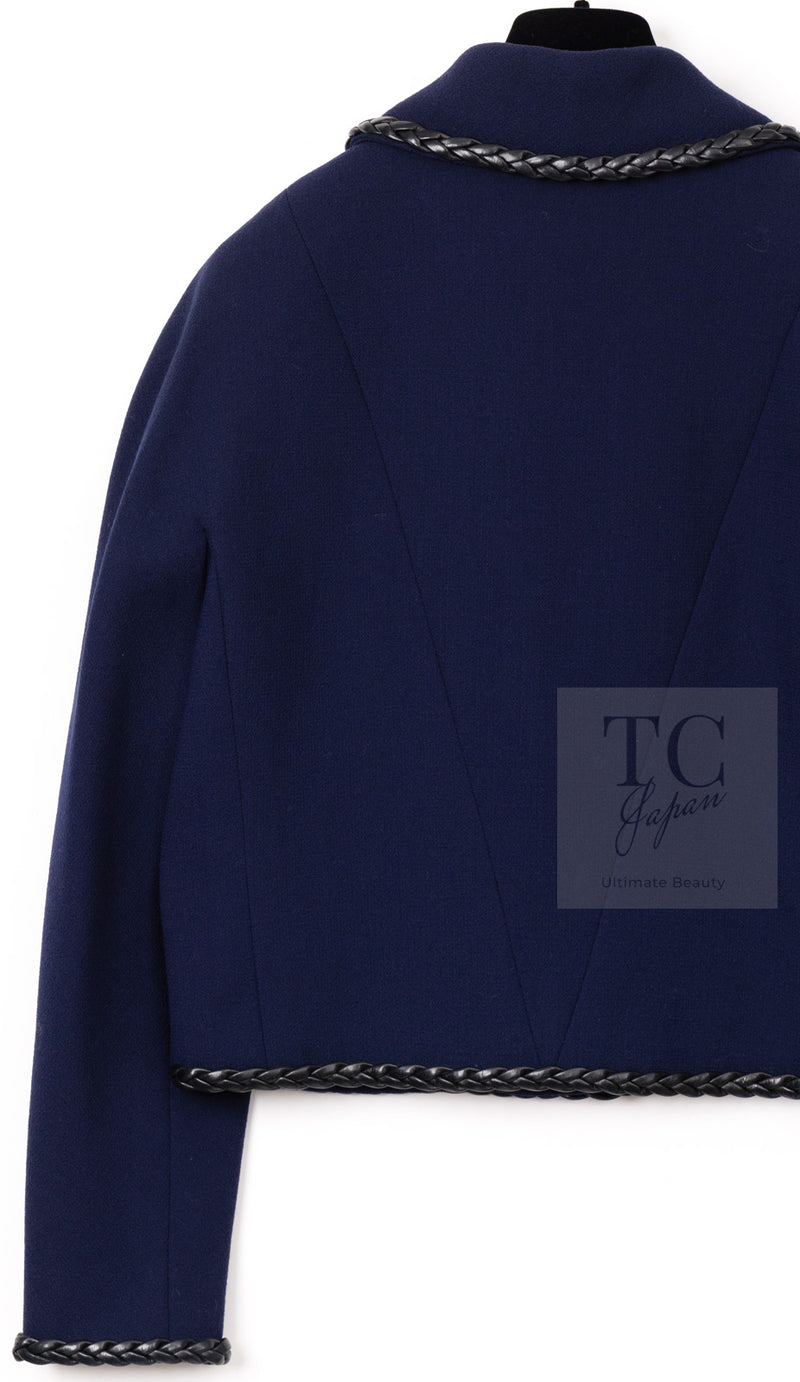 CHANEL 92A Vintage LIMITED Navy Leather Braid Trim Jacket CC Button 38 40 シャネル 限定品 ヴィンテージ ネイビー ブレード レザー トリム ジャケット CC ボタン 即発
