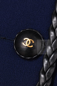 CHANEL 92A Vintage LIMITED Navy Leather Braid Trim Jacket CC Button 38 40 シャネル 限定品 ヴィンテージ ネイビー ブレード レザー トリム ジャケット CC ボタン 即発