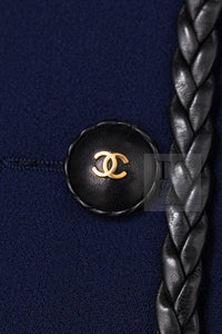CHANEL 92A Vintage LIMITED Navy Leather Braid Trim Jacket CC Button 38 40 シャネル 限定品 ヴィンテージ ネイビー ブレード レザー トリム ジャケット CC ボタン 即発
