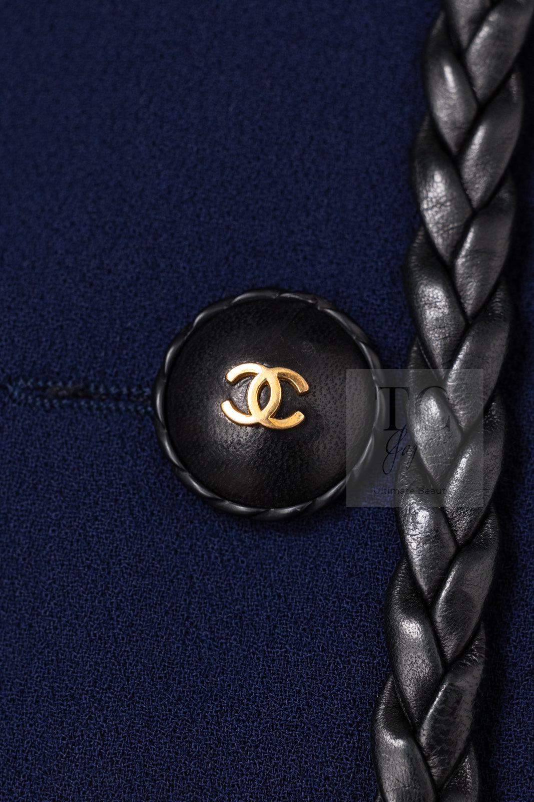 CHANEL 92A Vintage LIMITED Navy Leather Braid Trim Jacket CC Button 38 40 シャネル 限定品 ヴィンテージ ネイビー ブレード レザー トリム ジャケット CC ボタン 即発
