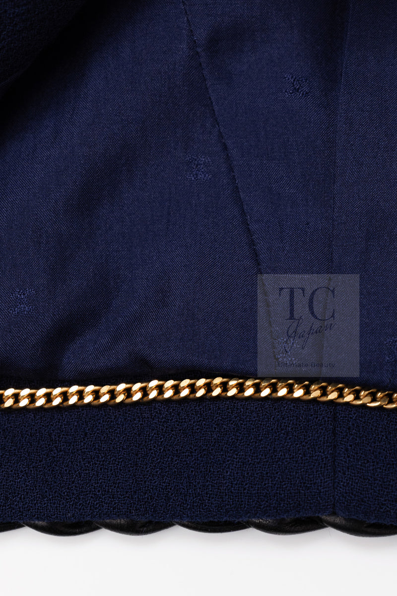 CHANEL 92A Vintage LIMITED Navy Leather Braid Trim Jacket CC Button 38 40 シャネル 限定品 ヴィンテージ ネイビー ブレード レザー トリム ジャケット CC ボタン 即発