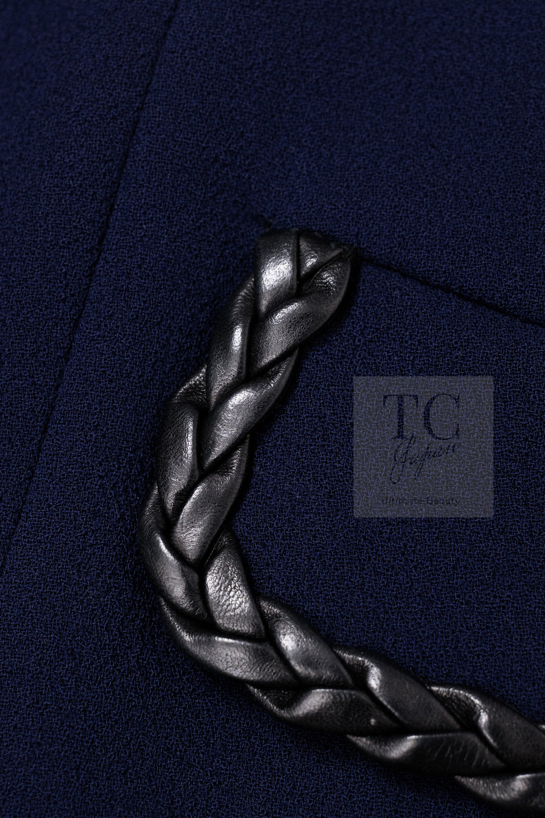 CHANEL 92A Vintage LIMITED Navy Leather Braid Trim Jacket CC Button 38 40 シャネル 限定品 ヴィンテージ ネイビー ブレード レザー トリム ジャケット CC ボタン 即発