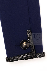CHANEL 92A Vintage LIMITED Navy Leather Braid Trim Jacket CC Button 38 40 シャネル 限定品 ヴィンテージ ネイビー ブレード レザー トリム ジャケット CC ボタン 即発