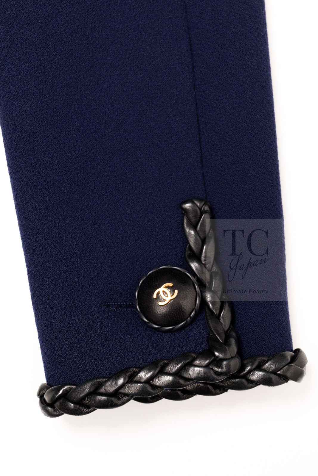CHANEL 92A Vintage LIMITED Navy Leather Braid Trim Jacket CC Button 38 40 シャネル 限定品 ヴィンテージ ネイビー ブレード レザー トリム ジャケット CC ボタン 即発