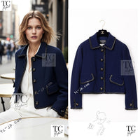 CHANEL 92A Vintage LIMITED Navy Leather Braid Trim Jacket CC Button 38 40 シャネル 限定品 ヴィンテージ ネイビー ブレード レザー トリム ジャケット CC ボタン 即発