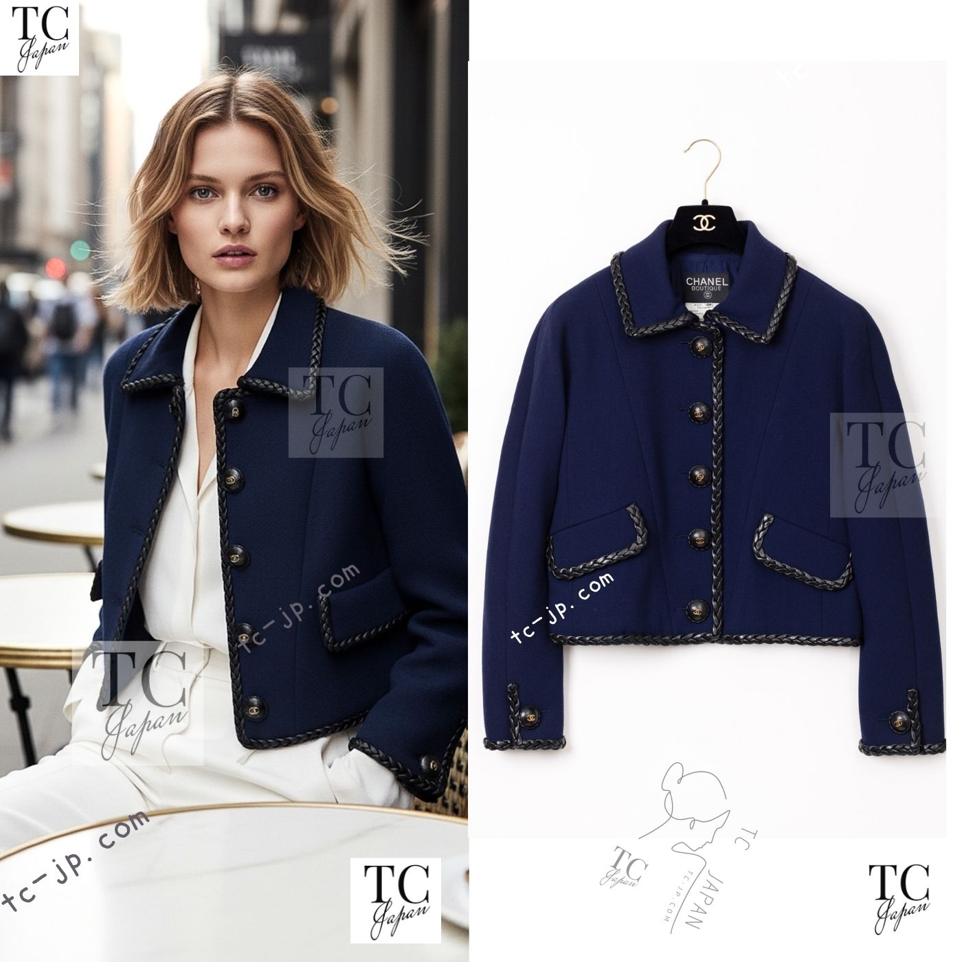 CHANEL 92A Vintage LIMITED Navy Leather Braid Trim Jacket CC Button 38 40 シャネル 限定品 ヴィンテージ ネイビー ブレード レザー トリム ジャケット CC ボタン 即発