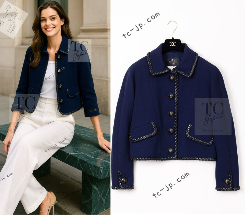 CHANEL 92A Vintage LIMITED Navy Leather Braid Trim Jacket CC Button 38 40 シャネル 限定品 ヴィンテージ ネイビー ブレード レザー トリム ジャケット CC ボタン 即発