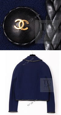 CHANEL 92A Vintage LIMITED Navy Leather Braid Trim Jacket CC Button 38 40 シャネル 限定品 ヴィンテージ ネイビー ブレード レザー トリム ジャケット CC ボタン 即発