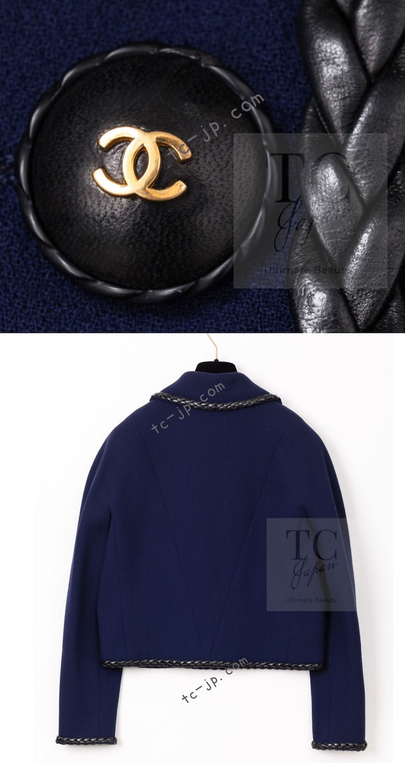 CHANEL 92A Vintage LIMITED Navy Leather Braid Trim Jacket CC Button 38 40 シャネル 限定品 ヴィンテージ ネイビー ブレード レザー トリム ジャケット CC ボタン 即発