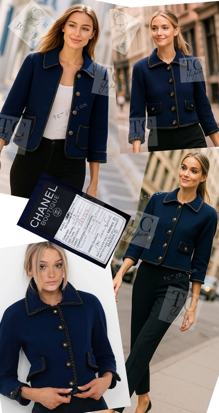 CHANEL 92A Vintage LIMITED Navy Leather Braid Trim Jacket CC Button 38 40 シャネル 限定品 ヴィンテージ ネイビー ブレード レザー トリム ジャケット CC ボタン 即発