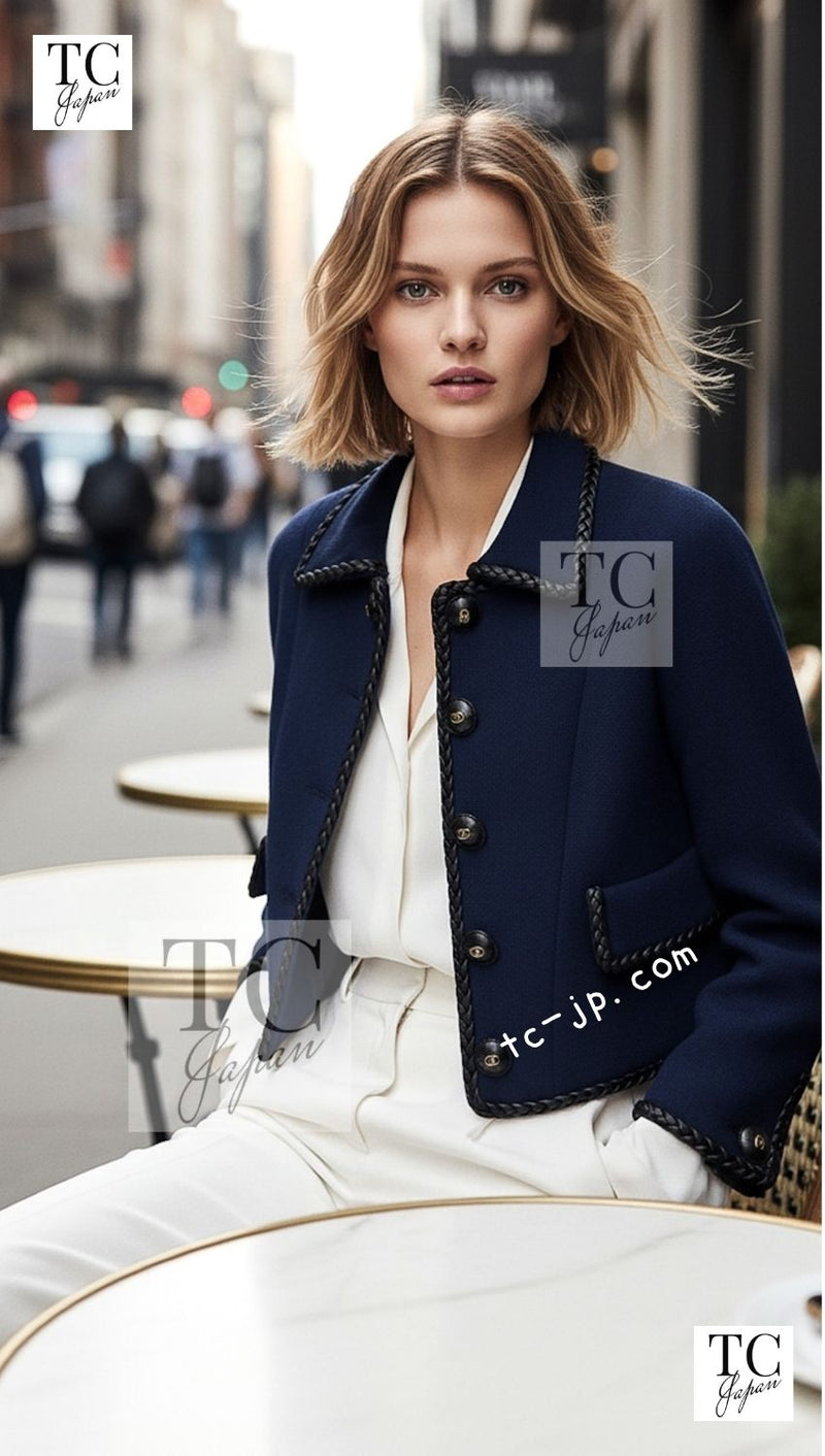 CHANEL 92A Vintage LIMITED Navy Leather Braid Trim Jacket CC Button 38 40 シャネル 限定品 ヴィンテージ ネイビー ブレード レザー トリム ジャケット CC ボタン 即発