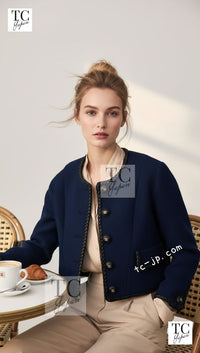 CHANEL 92A Vintage LIMITED Navy Leather Braid Trim Jacket CC Button 38 40 シャネル 限定品 ヴィンテージ ネイビー ブレード レザー トリム ジャケット CC ボタン 即発
