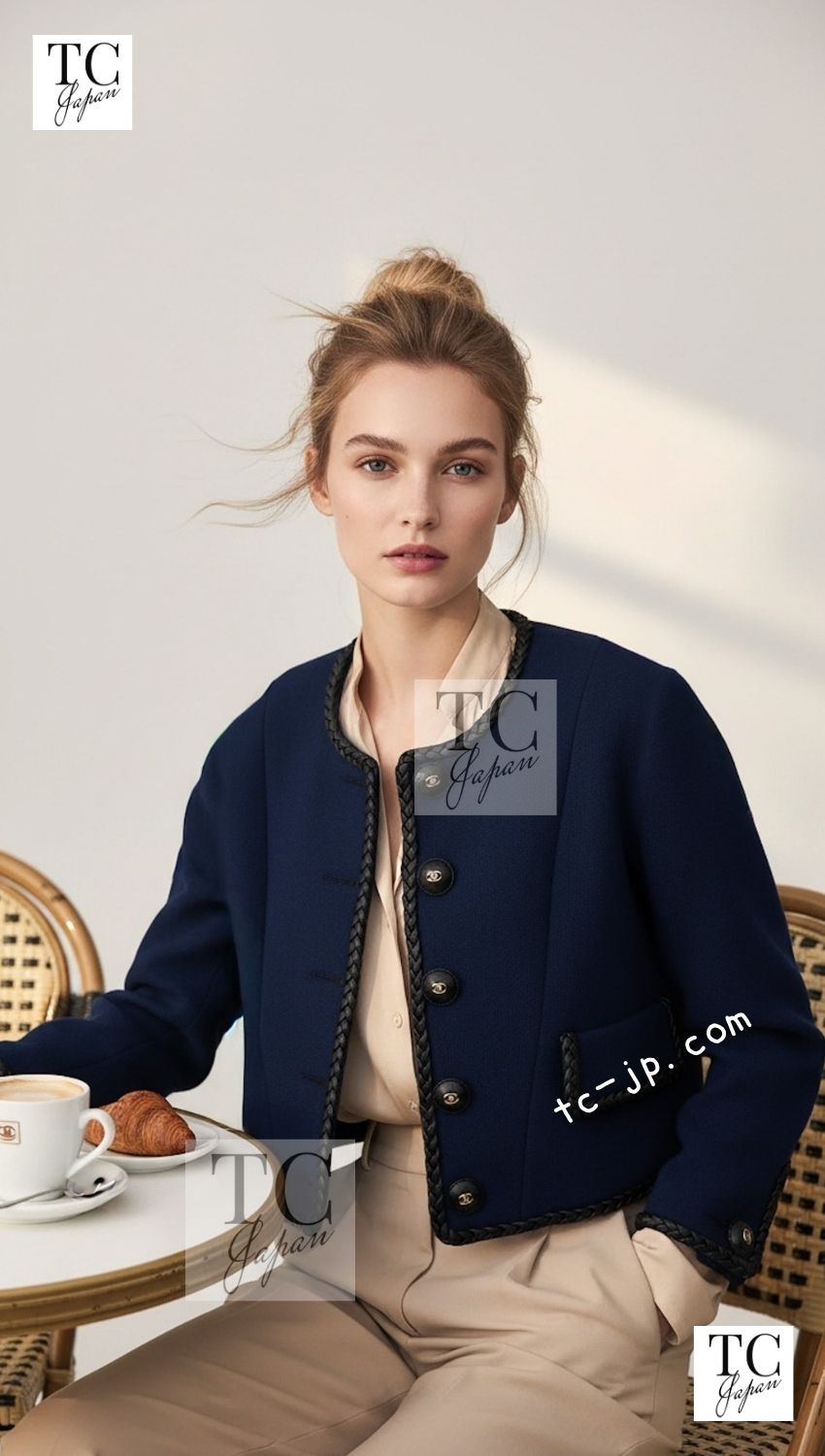 CHANEL 92A Vintage LIMITED Navy Leather Braid Trim Jacket CC Button 38 40 シャネル 限定品 ヴィンテージ ネイビー ブレード レザー トリム ジャケット CC ボタン 即発
