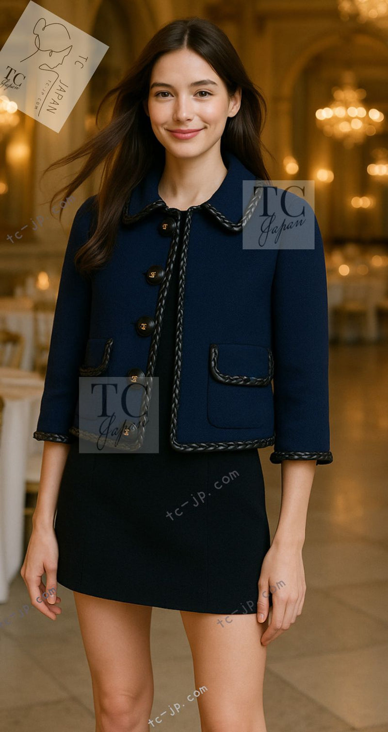 CHANEL 92A Vintage LIMITED Navy Leather Braid Trim Jacket CC Button 38 40 シャネル 限定品 ヴィンテージ ネイビー ブレード レザー トリム ジャケット CC ボタン 即発