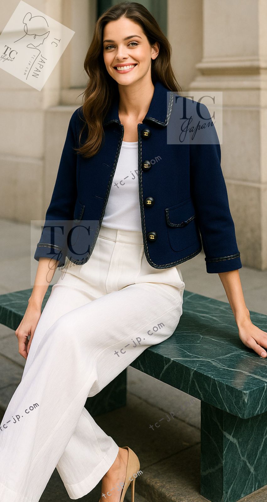 CHANEL 92A Vintage LIMITED Navy Leather Braid Trim Jacket CC Button 38 40 シャネル 限定品 ヴィンテージ ネイビー ブレード レザー トリム ジャケット CC ボタン 即発