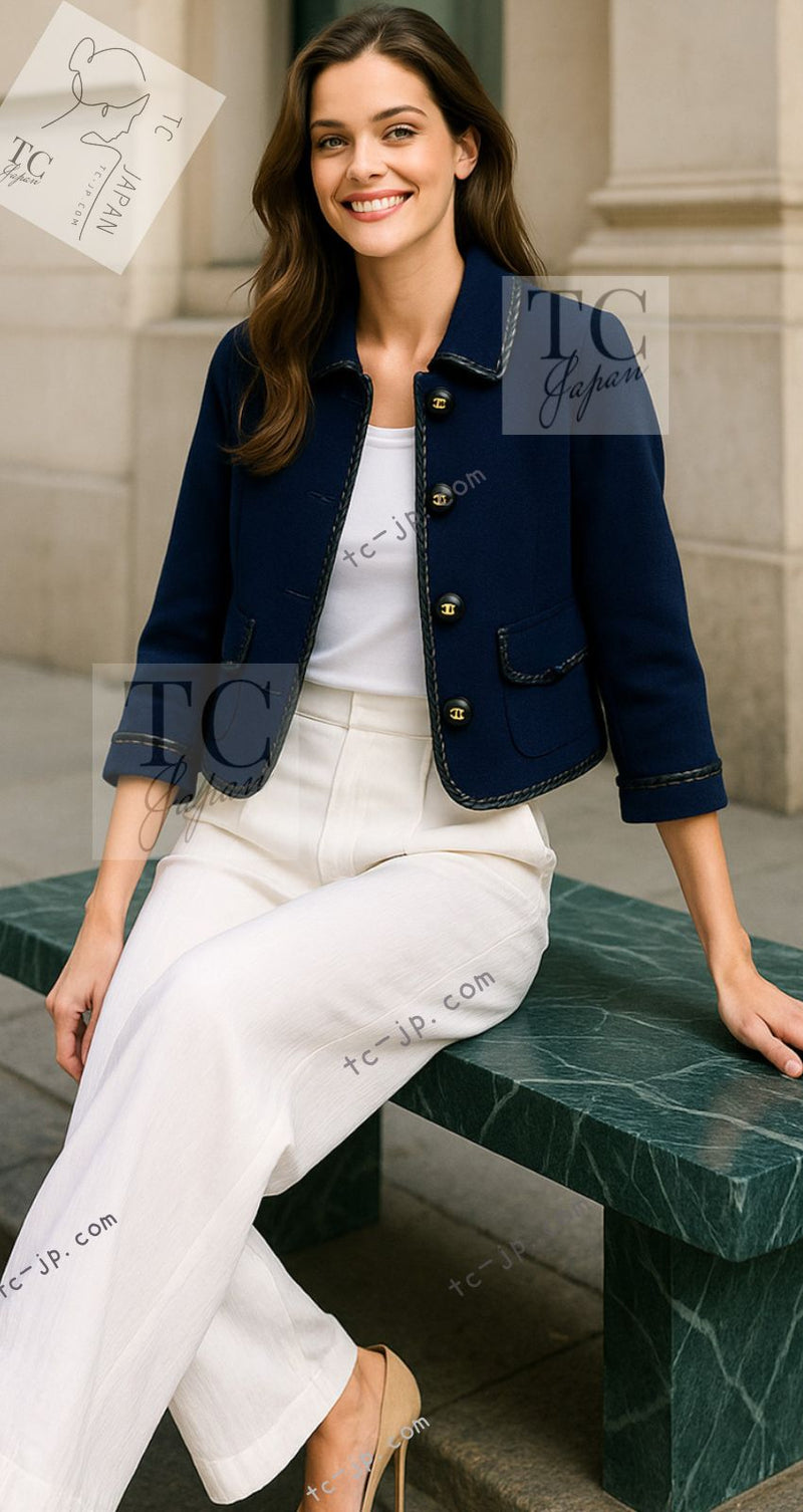 CHANEL 92A Vintage LIMITED Navy Leather Braid Trim Jacket CC Button 38 40 シャネル 限定品 ヴィンテージ ネイビー ブレード レザー トリム ジャケット CC ボタン 即発