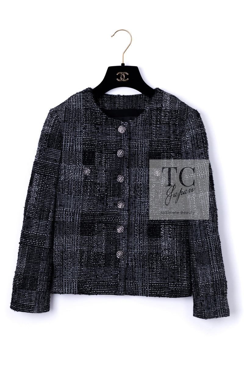CHANEL 22PF Black White Cotton Wool Collarless Tweed Jacket 34 シャネル ブラック ホワイト コットン ウール ノーカラー ツイード ジャケット 即発