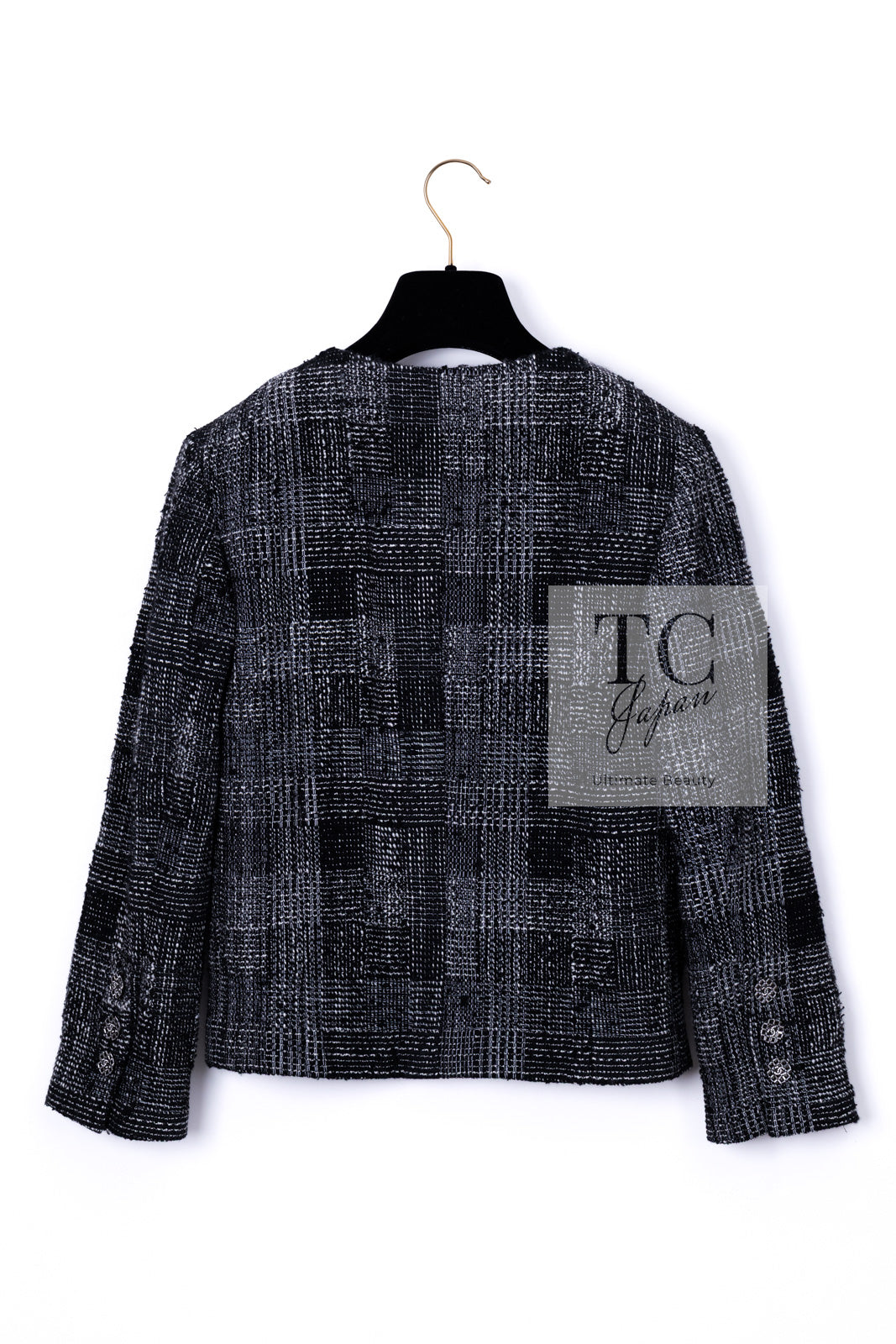 CHANEL 22PF Black White Cotton Wool Collarless Tweed Jacket 34 シャネル ブラック ホワイト コットン ウール ノーカラー ツイード ジャケット 即発