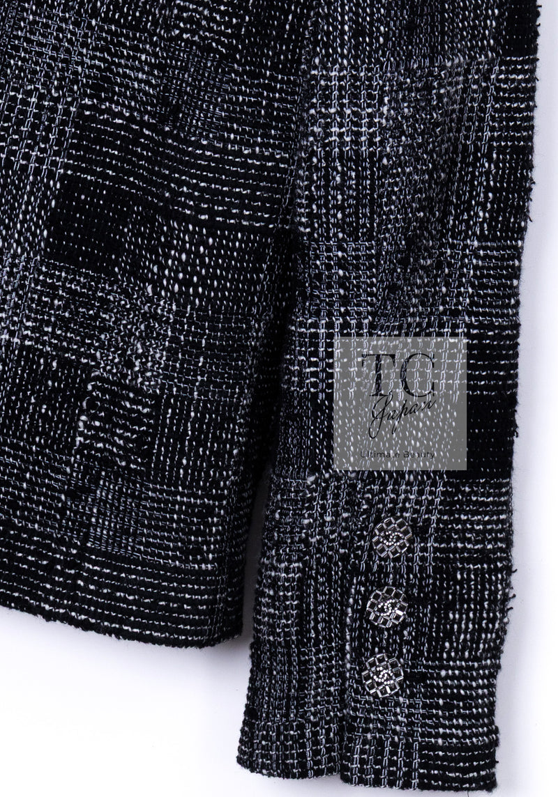CHANEL 22PF Black White Cotton Wool Collarless Tweed Jacket 34 シャネル ブラック ホワイト コットン ウール ノーカラー ツイード ジャケット 即発
