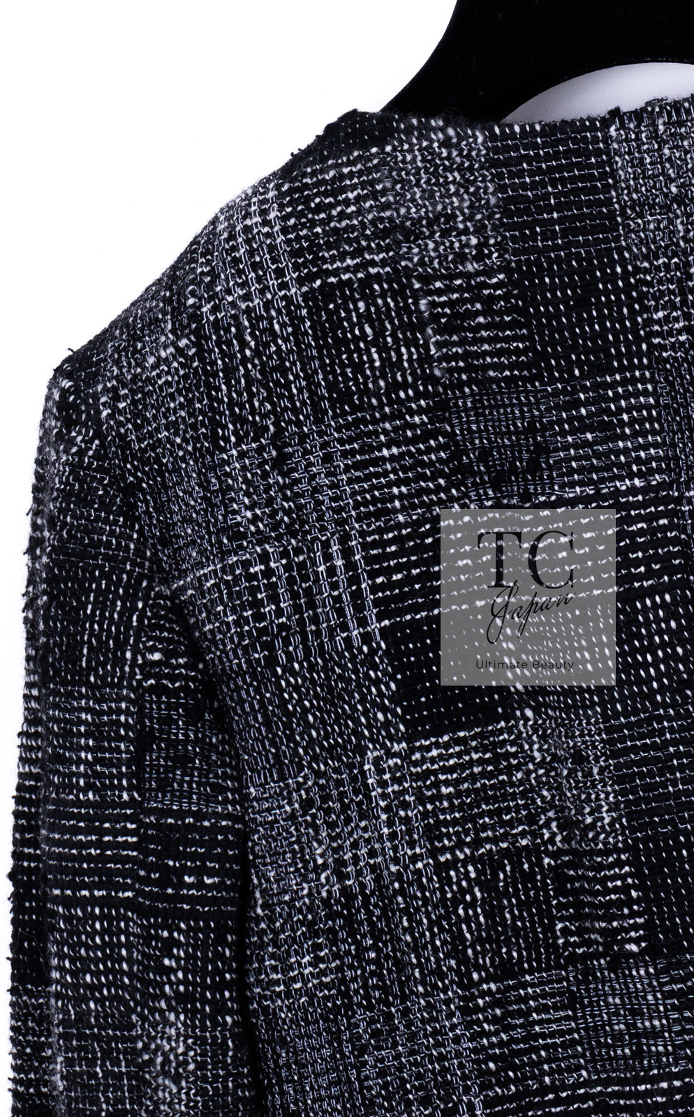 CHANEL 22PF Black White Cotton Wool Collarless Tweed Jacket 34 シャネル ブラック ホワイト コットン ウール ノーカラー ツイード ジャケット 即発