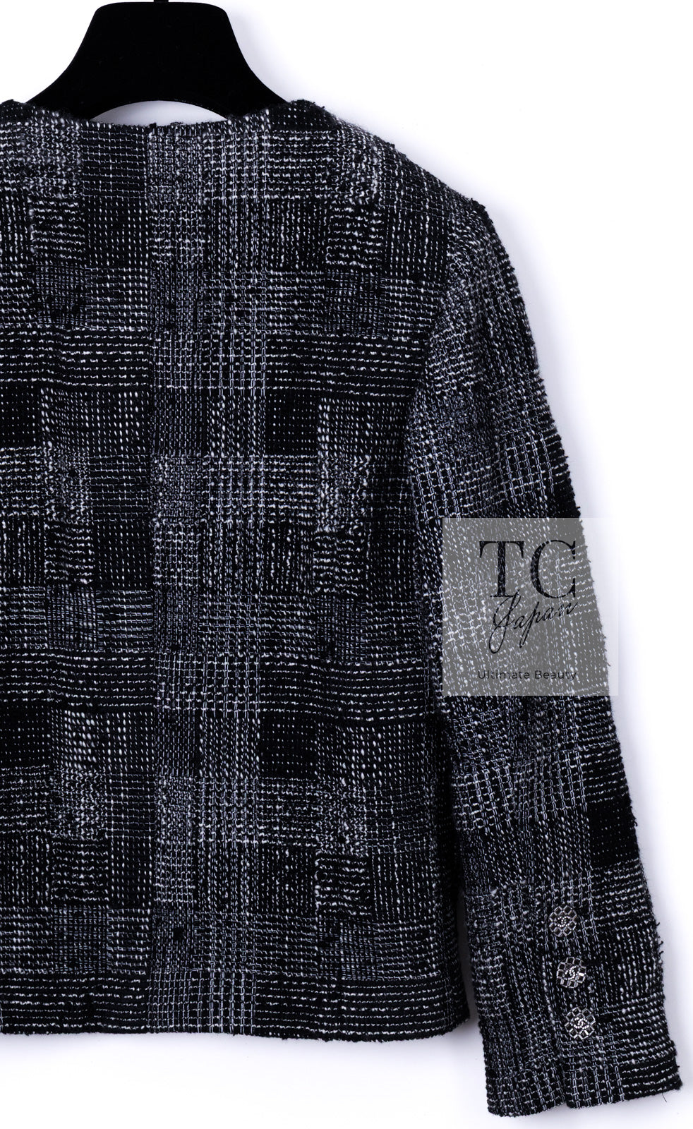 CHANEL 22PF Black White Cotton Wool Collarless Tweed Jacket 34 シャネル ブラック ホワイト コットン ウール ノーカラー ツイード ジャケット 即発